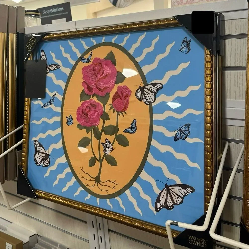Sapna Shah Embroidered Roses and Butterflies Large Gold Bronze Wall Art Decor
